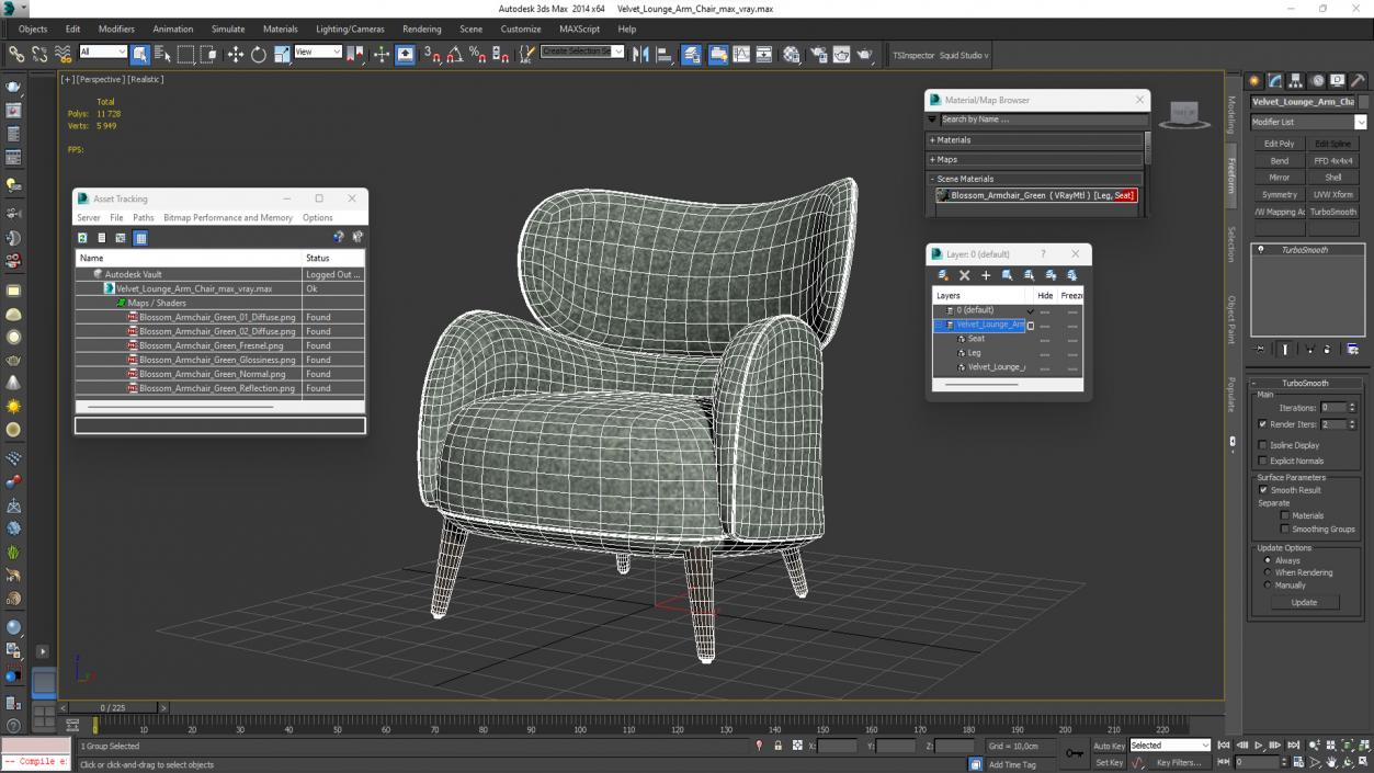 3D Velvet Lounge Arm Chair model