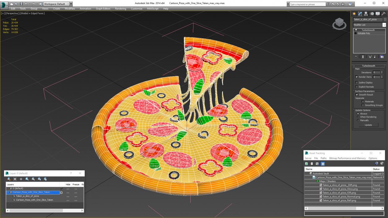 Cartoon Pizza with One Slice Taken 3D model