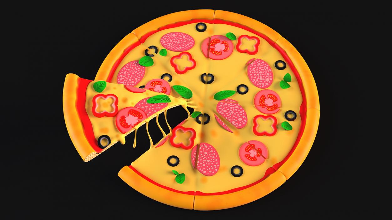 Cartoon Pizza with One Slice Taken 3D model