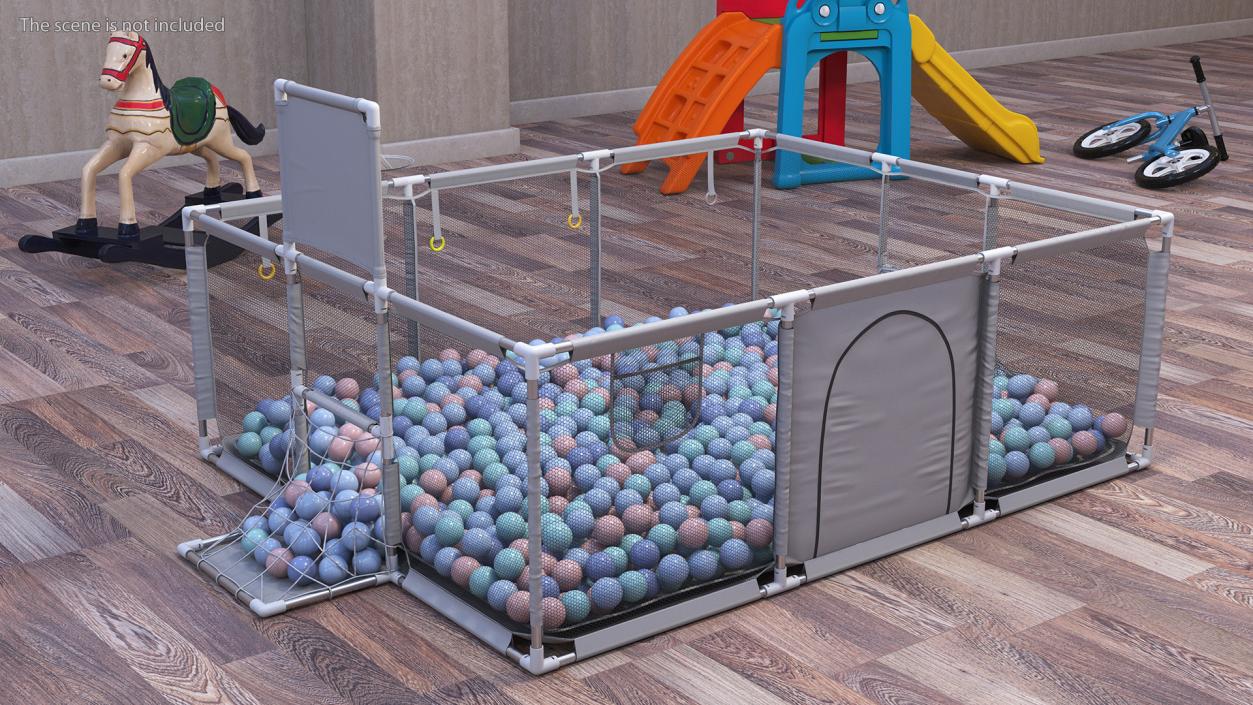 Grey Baby Playpen Full of Plastic Balls 3D model