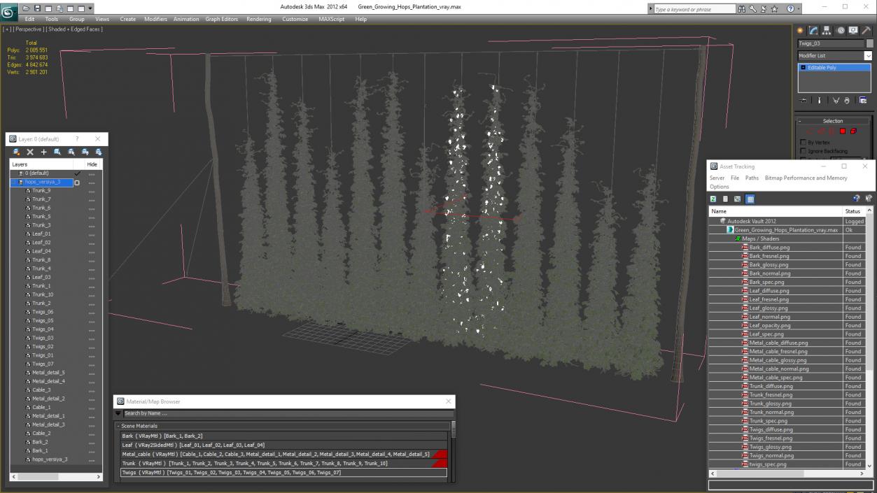 Green Growing Hops Plantation 3D model