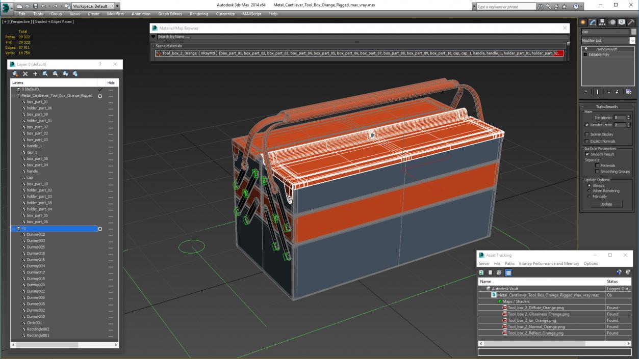 Metal Cantilever Tool Box Orange Rigged 3D model