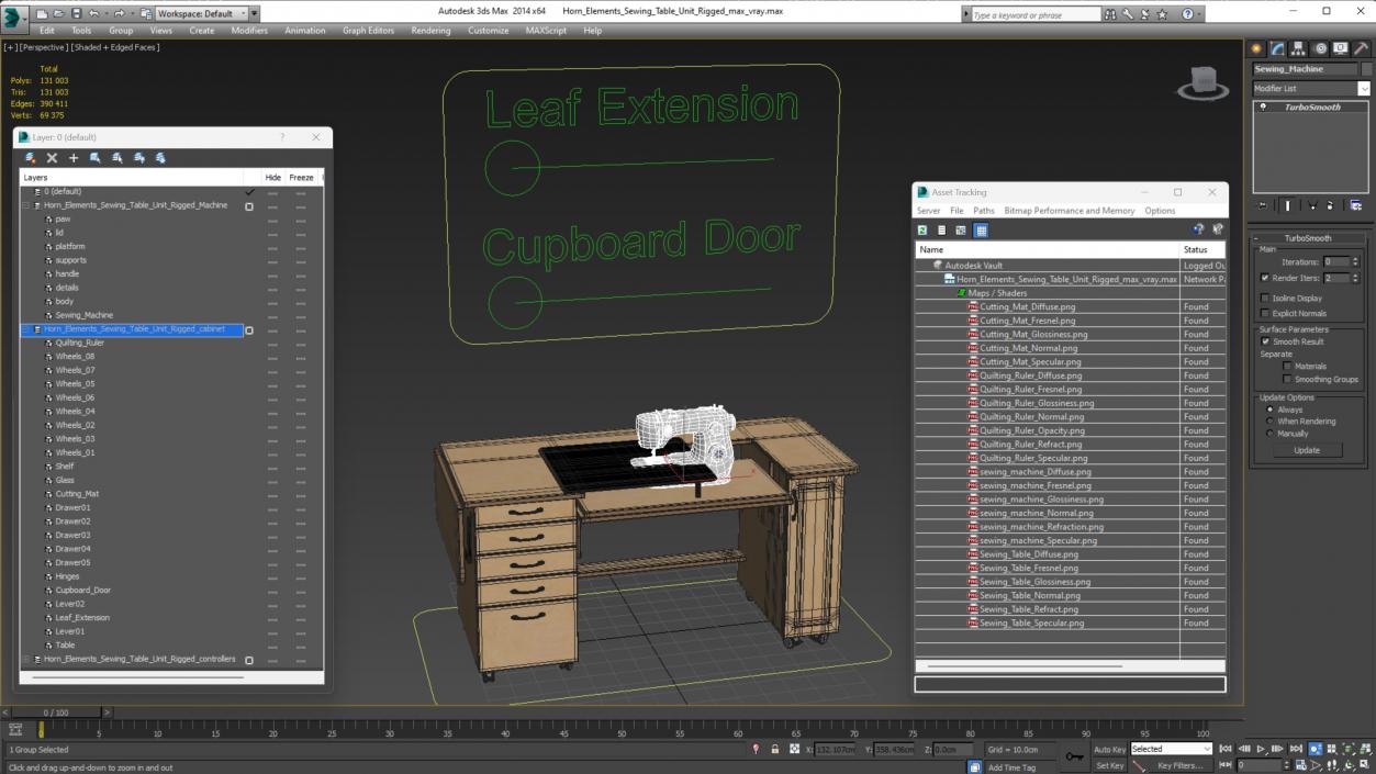 3D Horn Elements Sewing Table Unit Rigged model