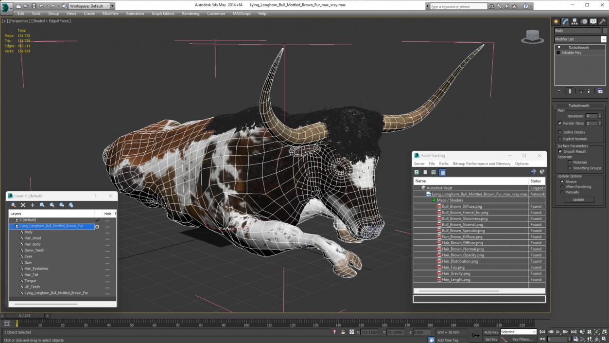 Lying Longhorn Bull Mottled Brown Fur 3D