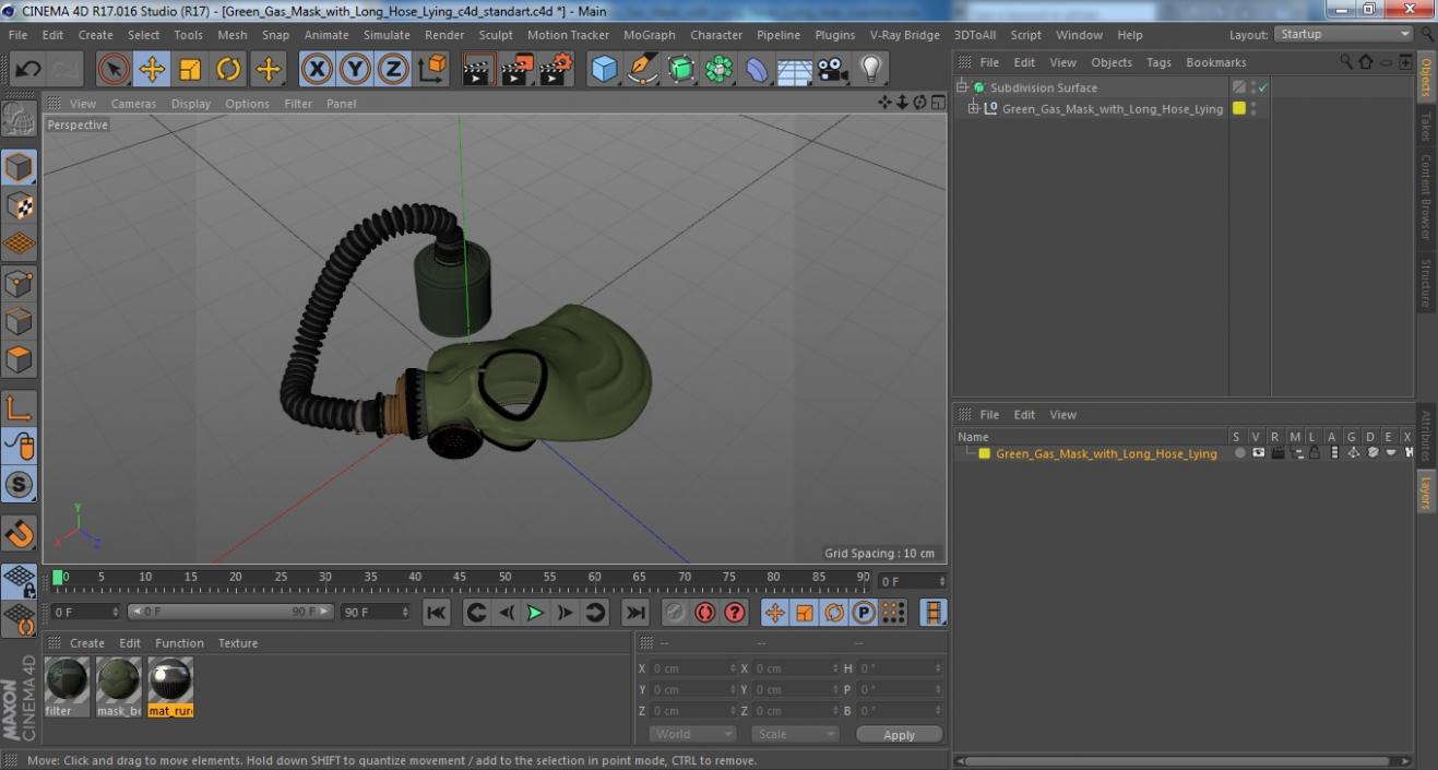 3D model Green Gas Mask with Long Hose Lying