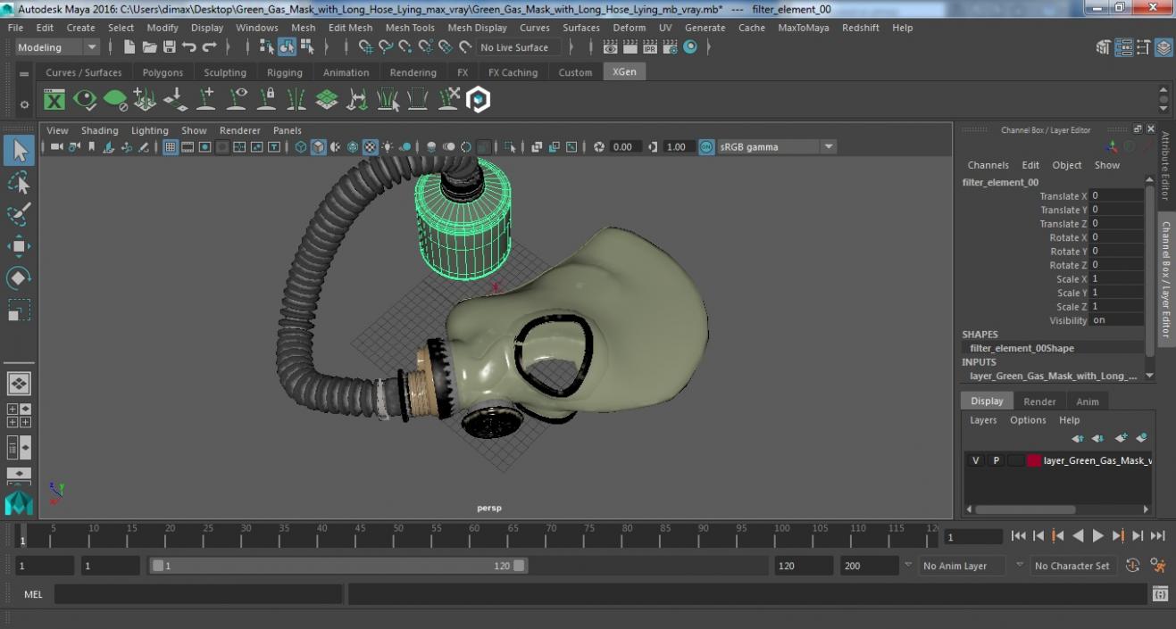 3D model Green Gas Mask with Long Hose Lying