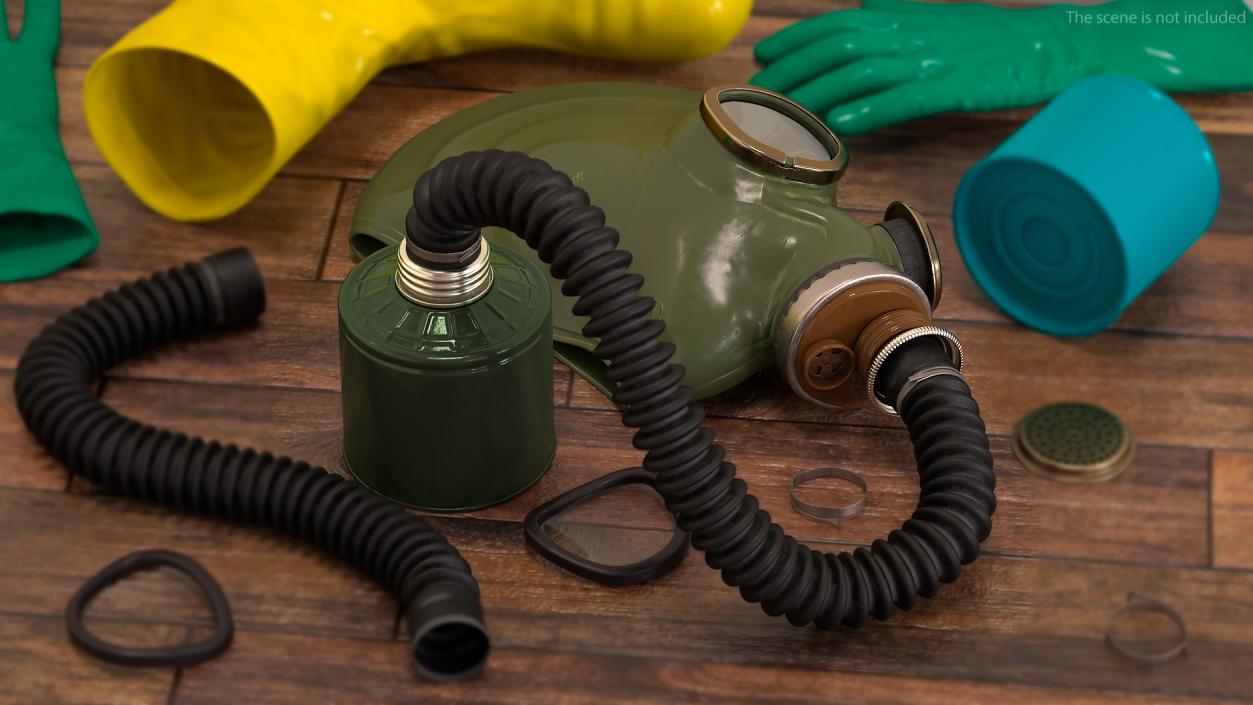 3D model Green Gas Mask with Long Hose Lying