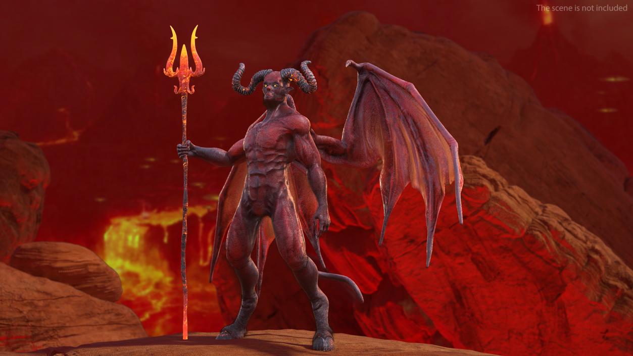 3D Devil Character with Trident Standing Pose Fur