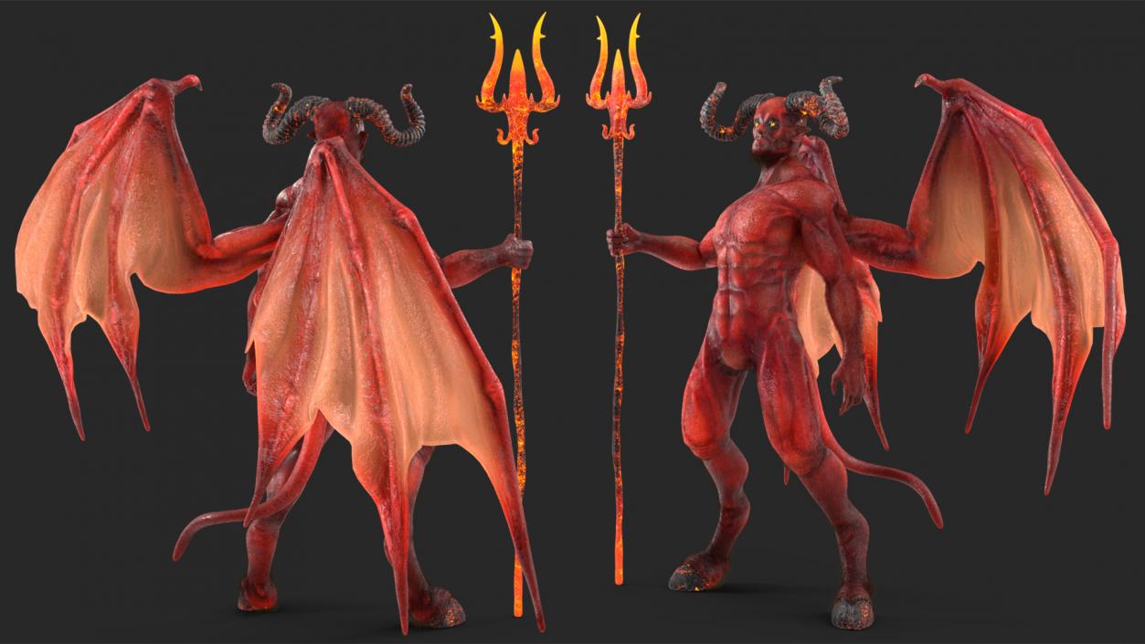 3D Devil Character with Trident Standing Pose Fur