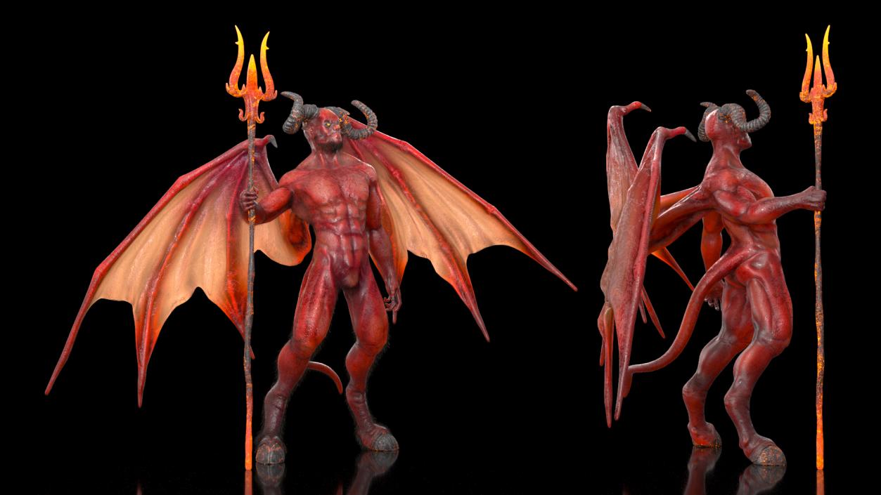 3D Devil Character with Trident Standing Pose Fur