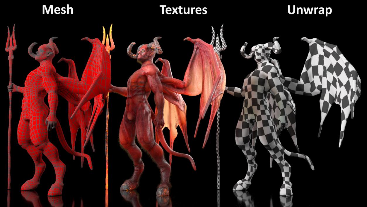 3D Devil Character with Trident Standing Pose Fur