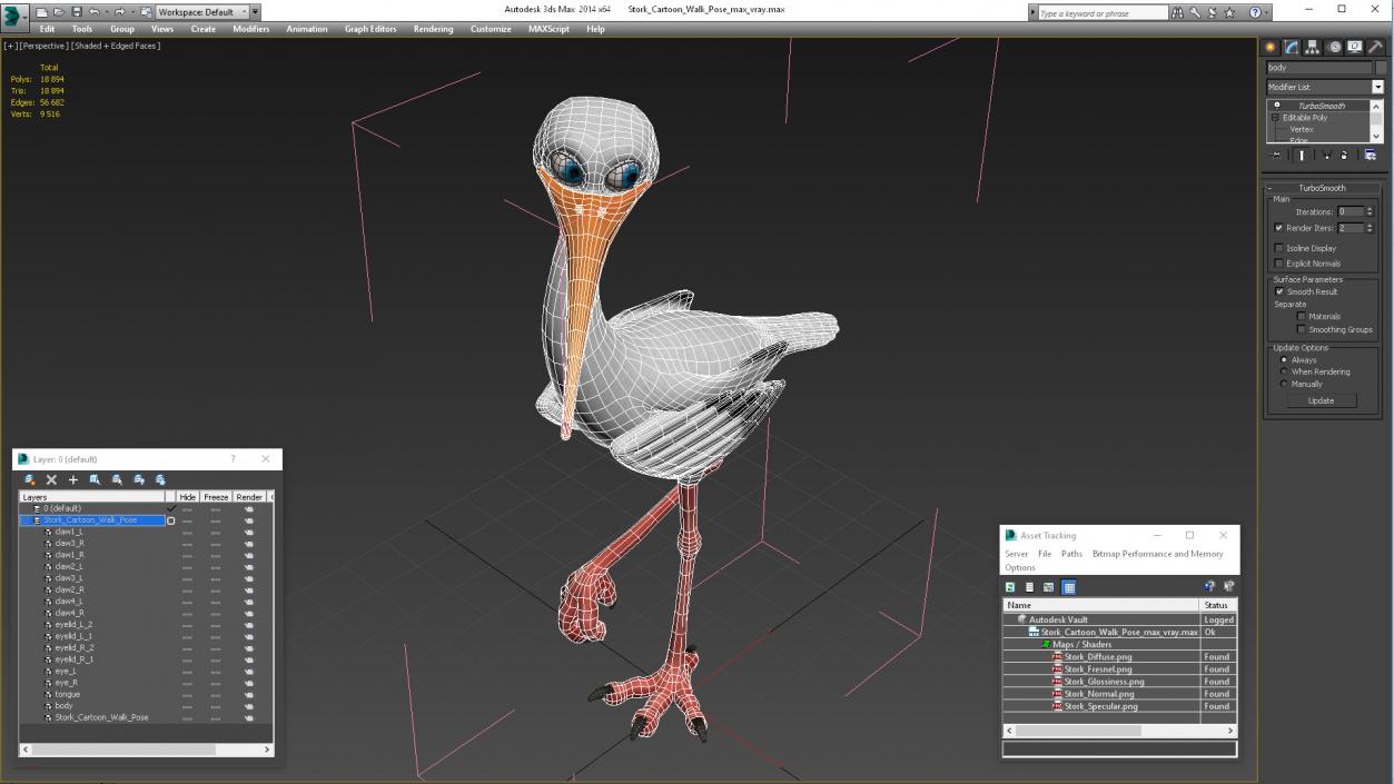 3D Stork Cartoon Walk Pose model