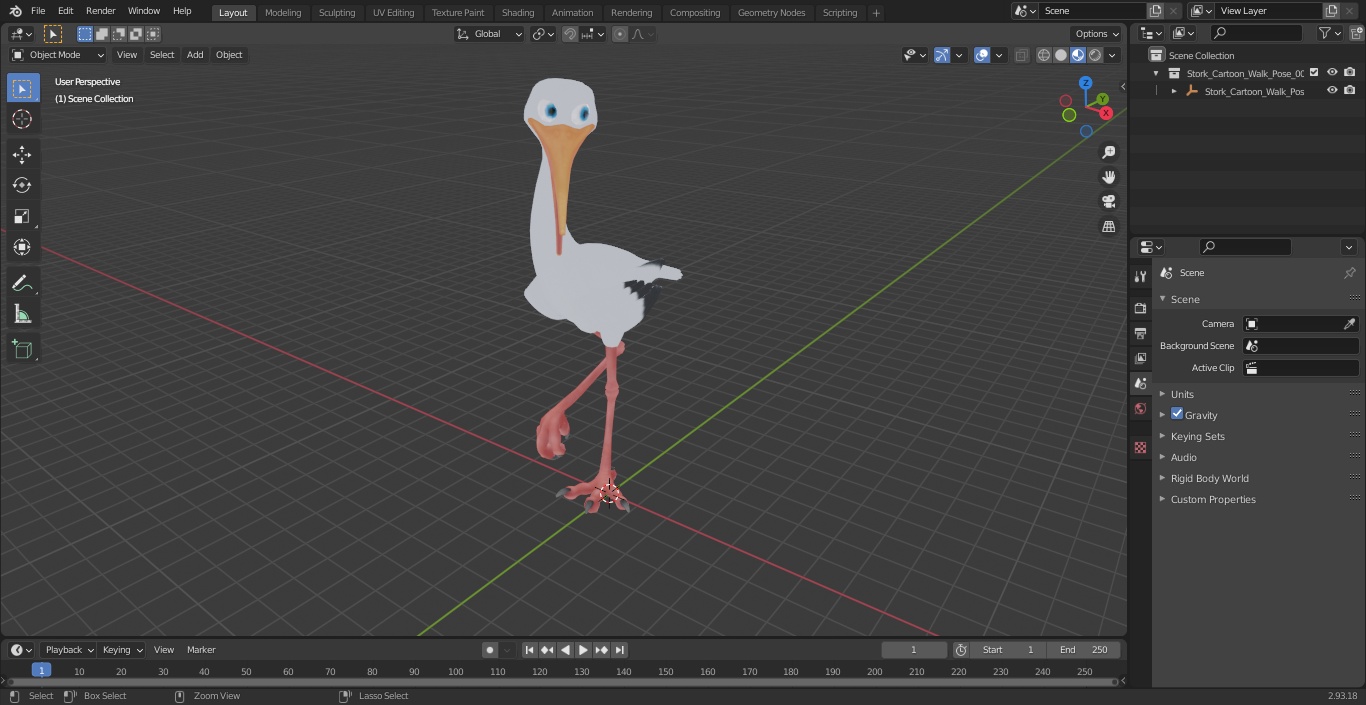 3D Stork Cartoon Walk Pose model