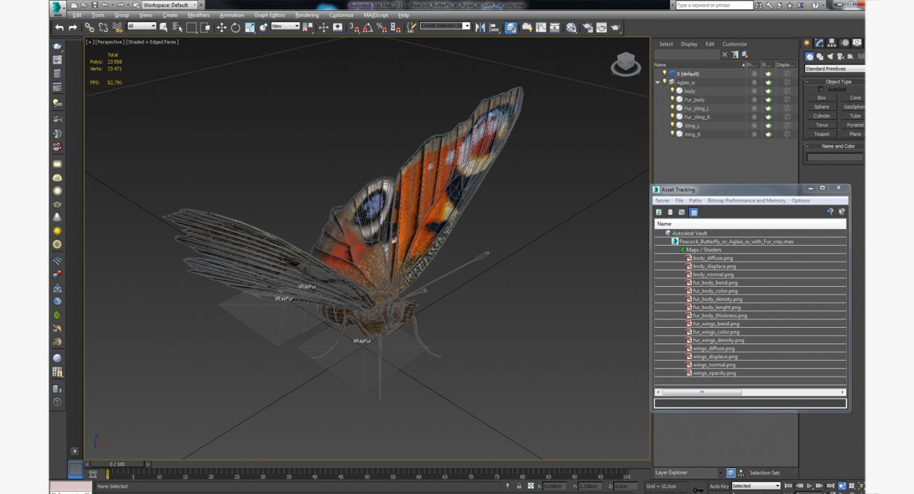 Peacock Butterfly or Aglais io with Fur 3D model