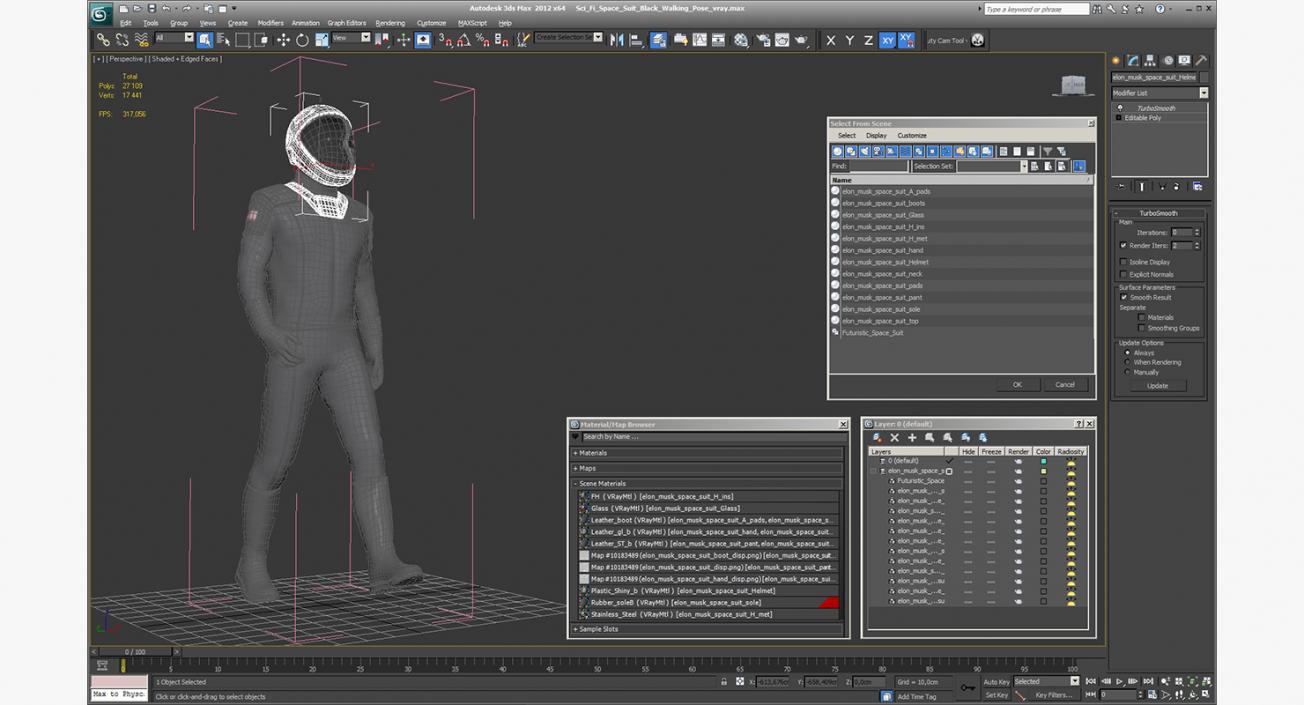 3D Sci-Fi Space Suit Black Walking Pose