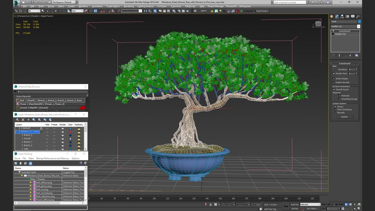 Miniature Green Bonsai Tree with Flowers in Pot 3D