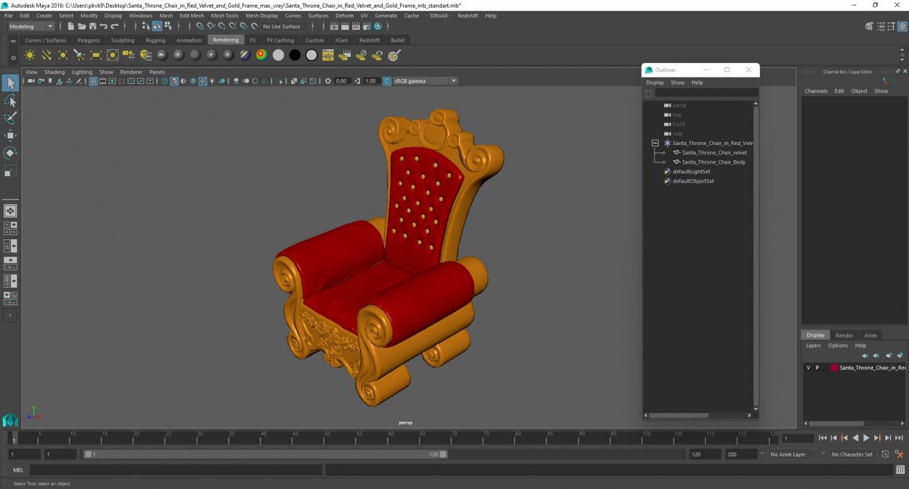 Santa Throne Chair in Red Velvet and Gold Frame 3D