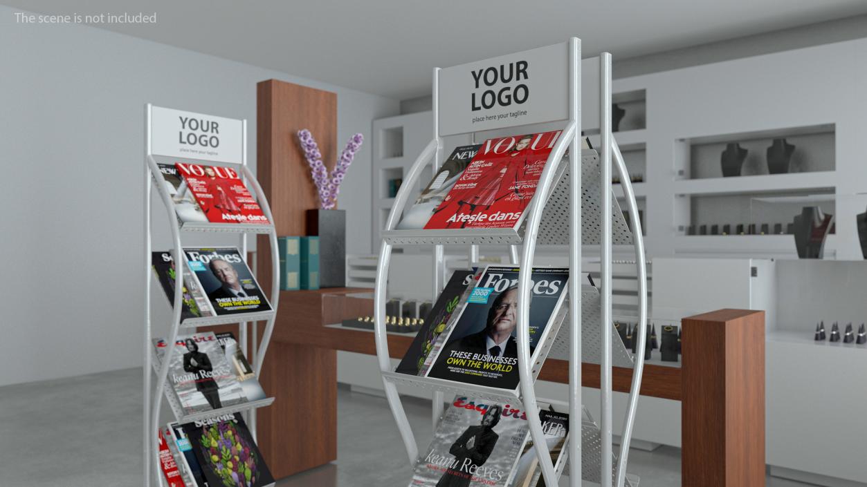 3D Mockup Magazine Stand Aluminium with Magazines