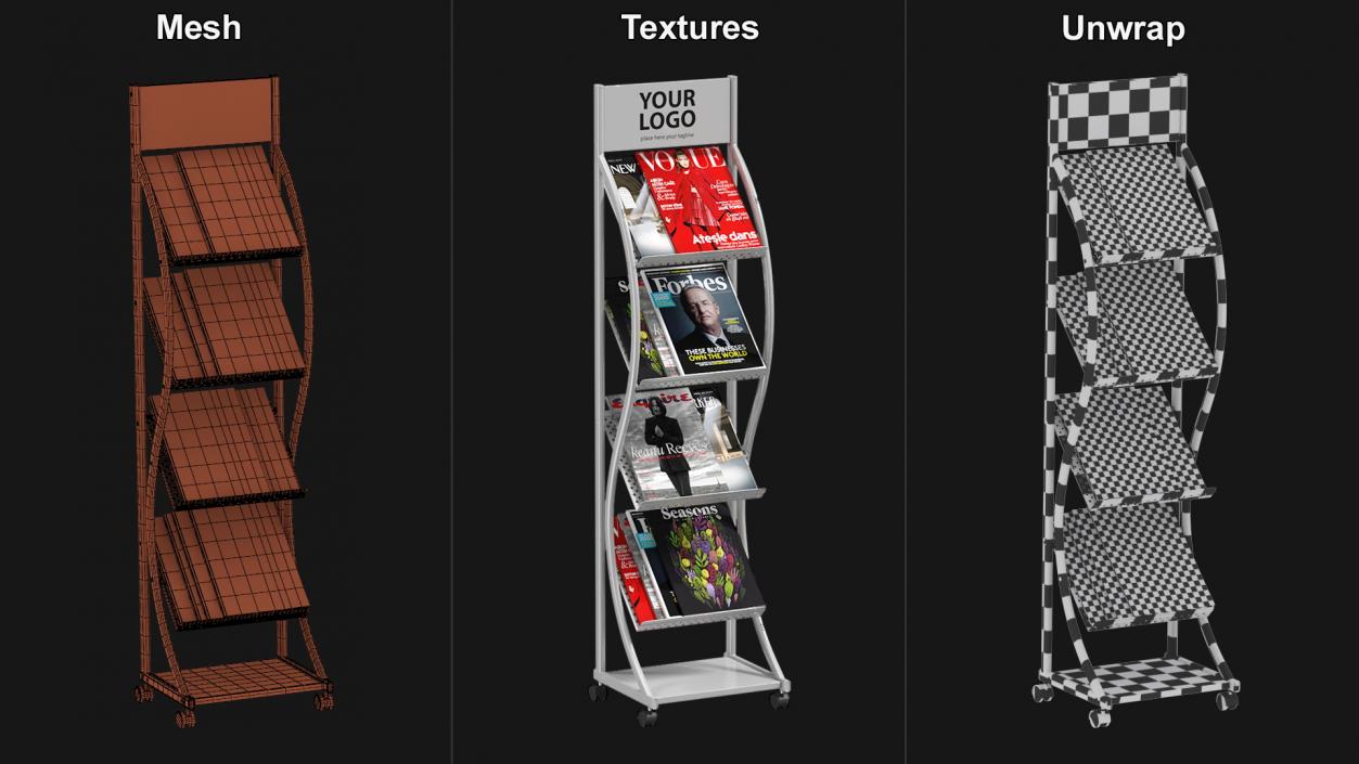 3D Mockup Magazine Stand Aluminium with Magazines