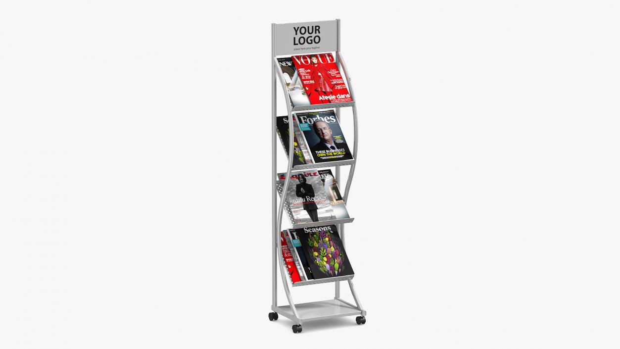 3D Mockup Magazine Stand Aluminium with Magazines