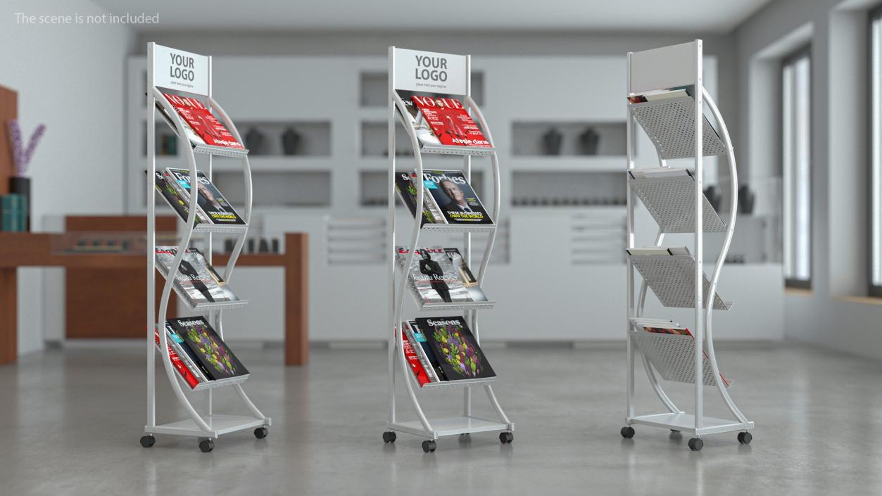 3D Mockup Magazine Stand Aluminium with Magazines