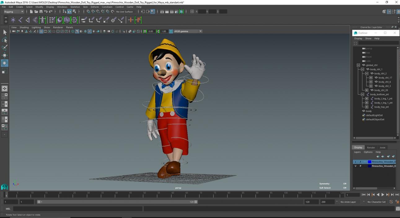 3D Pinnochio Wooden Doll Toy Rigged for Maya