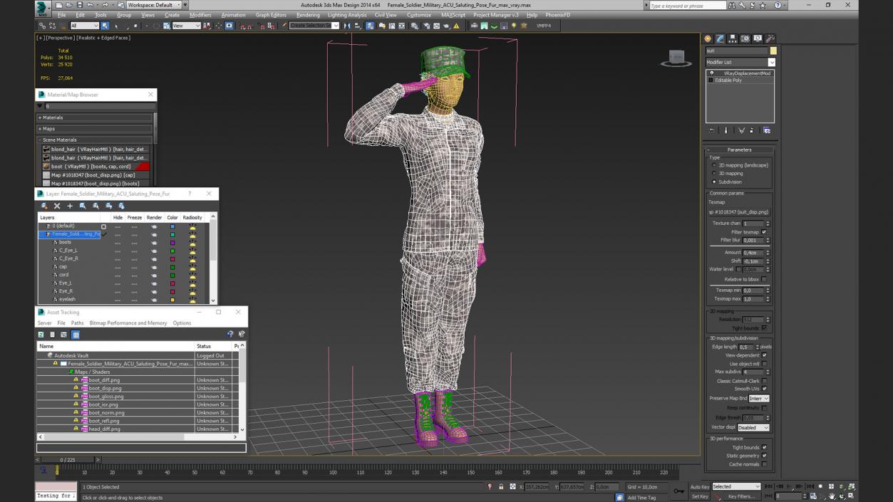 3D model Female Soldier Military ACU Saluting Pose Fur