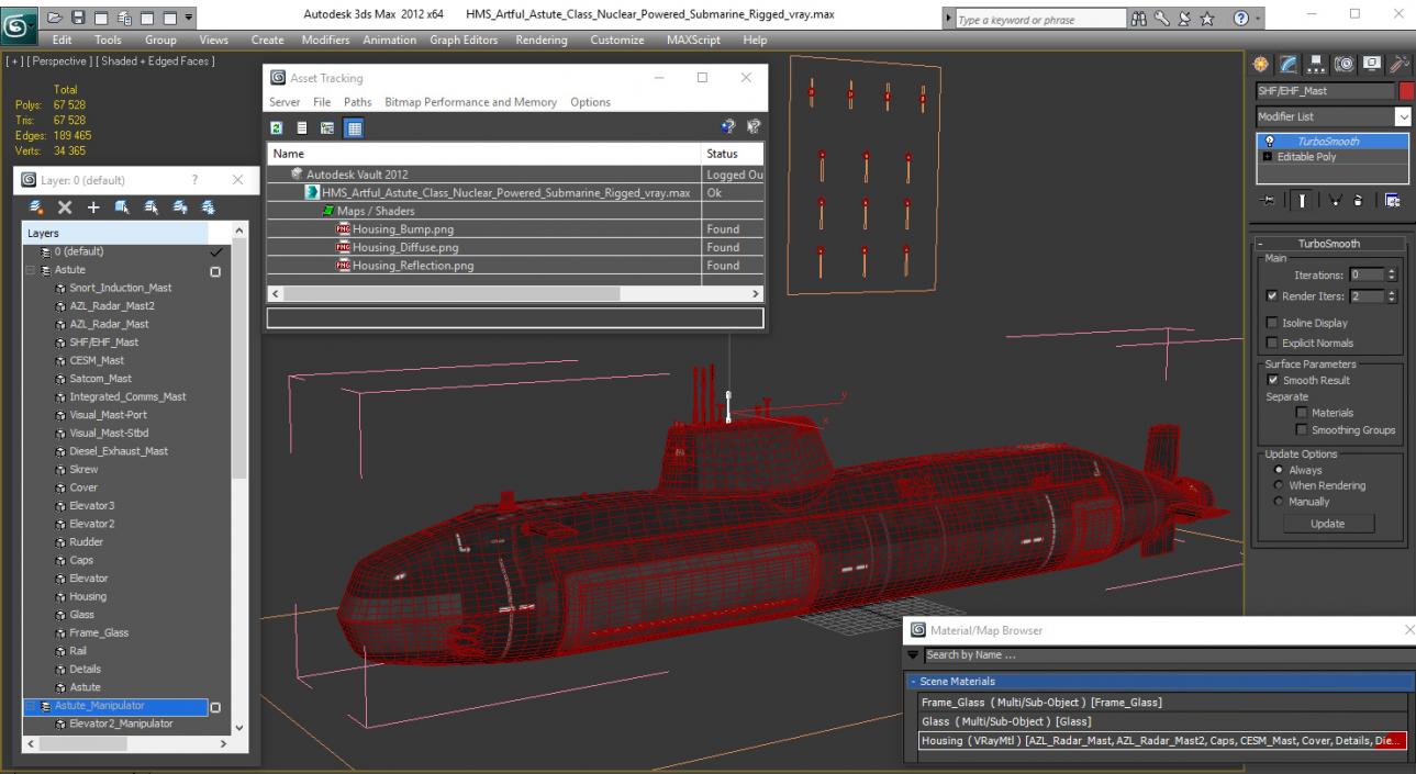 3D HMS Artful Astute Class Nuclear Powered Submarine Rigged