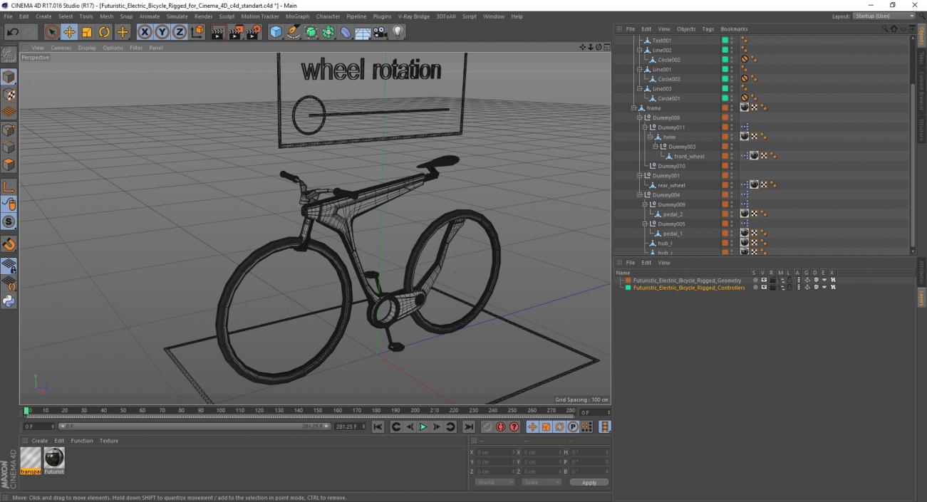 3D Futuristic Electric Bicycle Rigged for Cinema 4D model