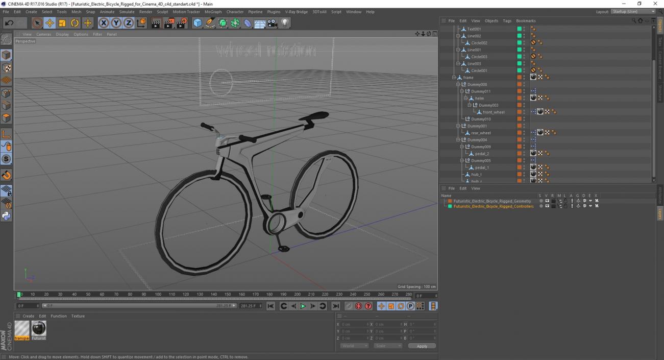 3D Futuristic Electric Bicycle Rigged for Cinema 4D model