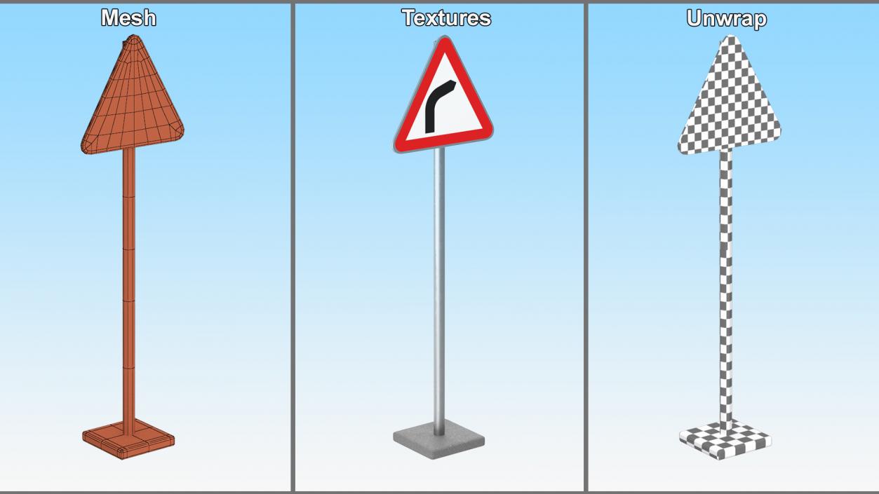 3D Bend to Right Road Sign model