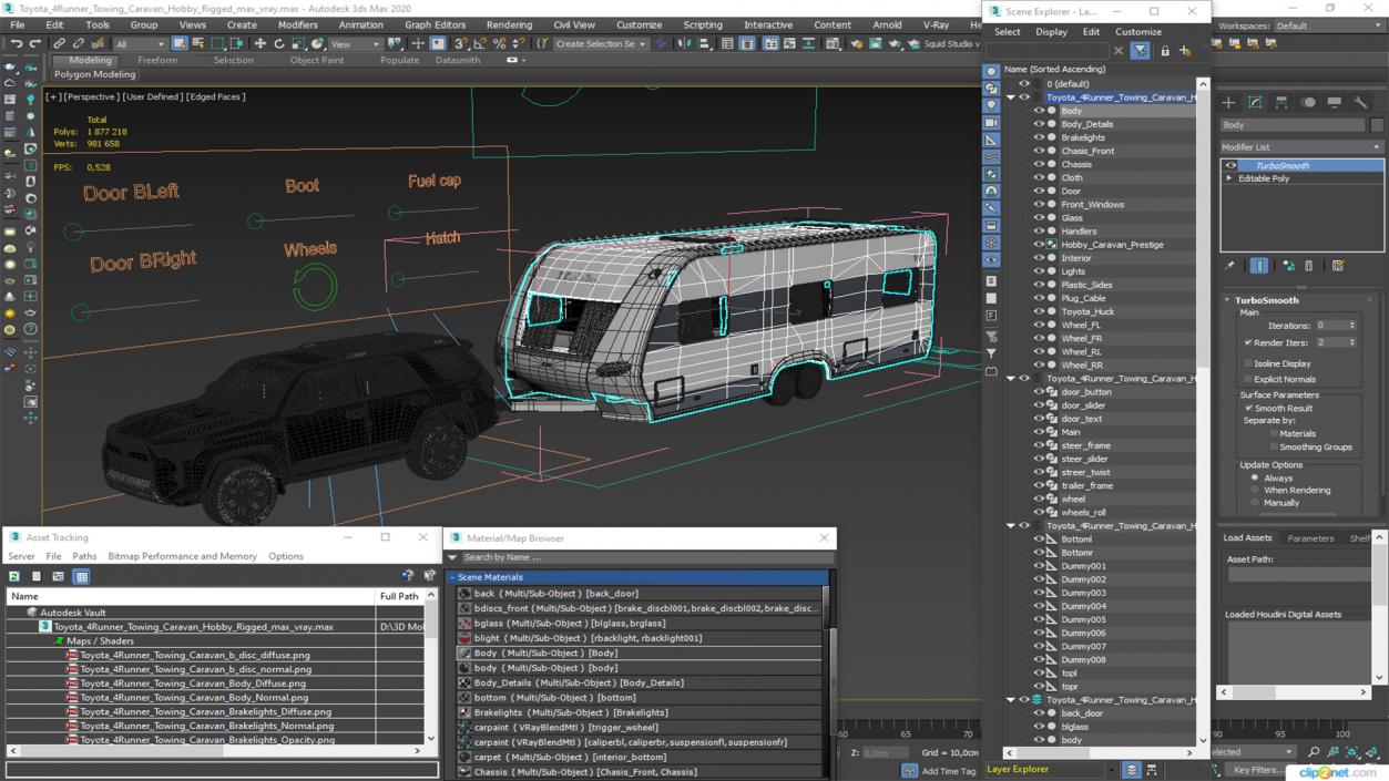 Toyota 4Runner Towing Caravan Hobby Rigged 3D