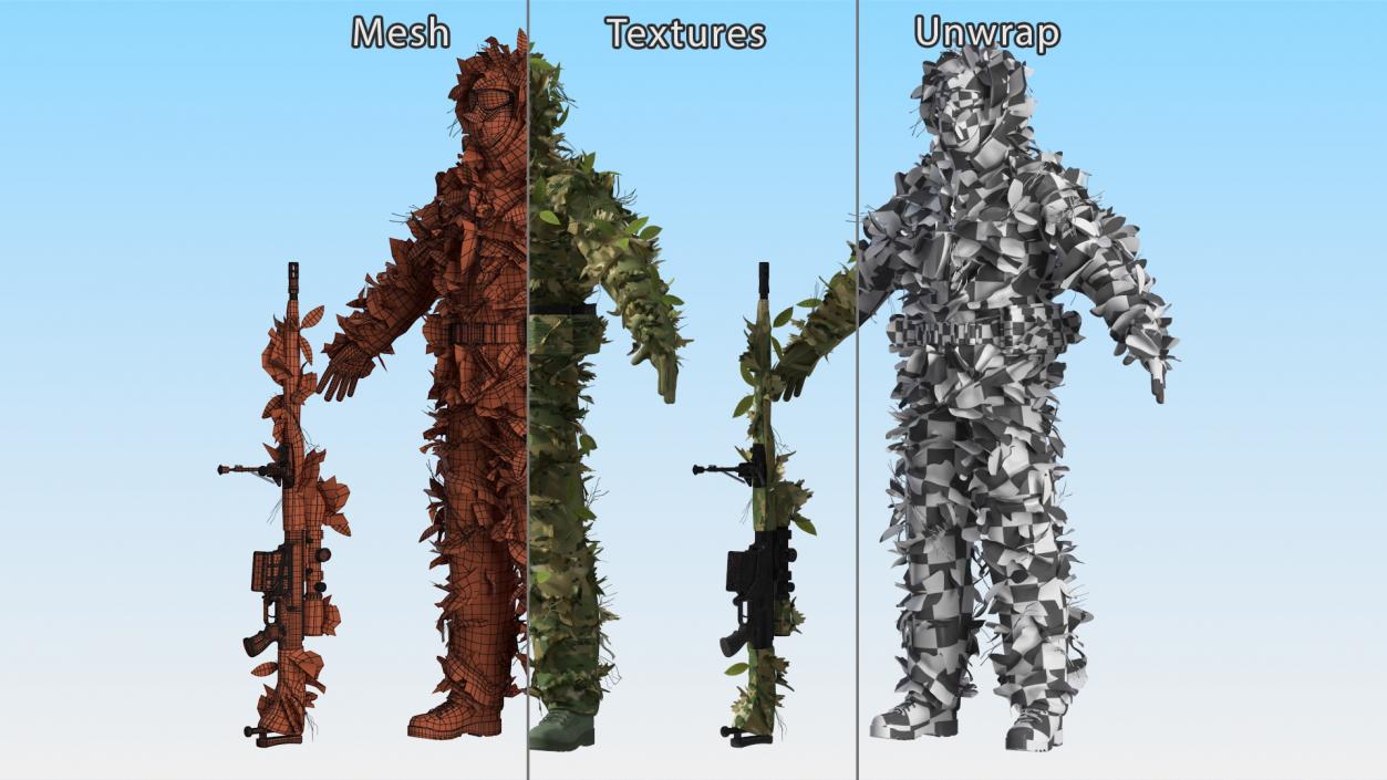 3D Sniper in Leaf Ghillie Suit Rigged for Modo model