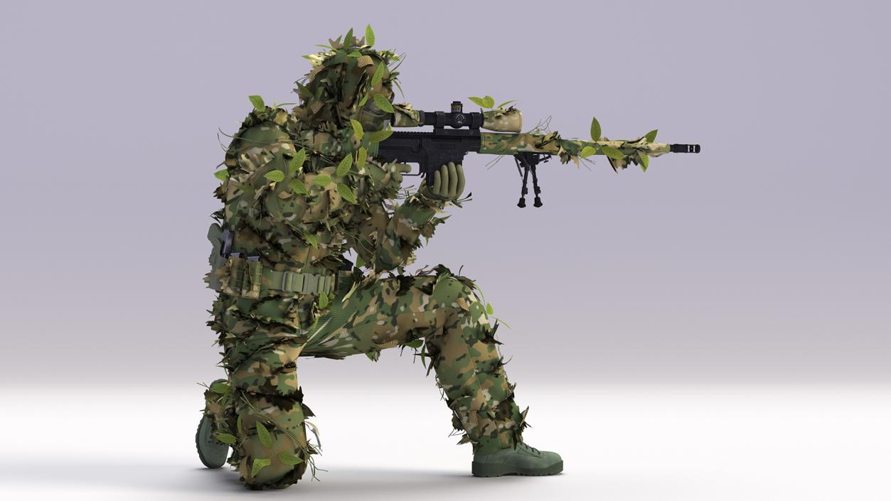 3D Sniper in Leaf Ghillie Suit Rigged for Modo model