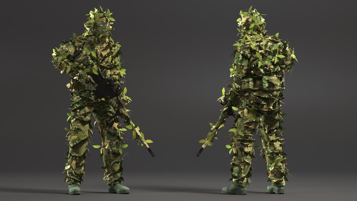 3D Sniper in Leaf Ghillie Suit Rigged for Cinema 4D model