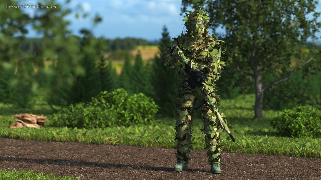 3D Sniper in Leaf Ghillie Suit Rigged for Modo model