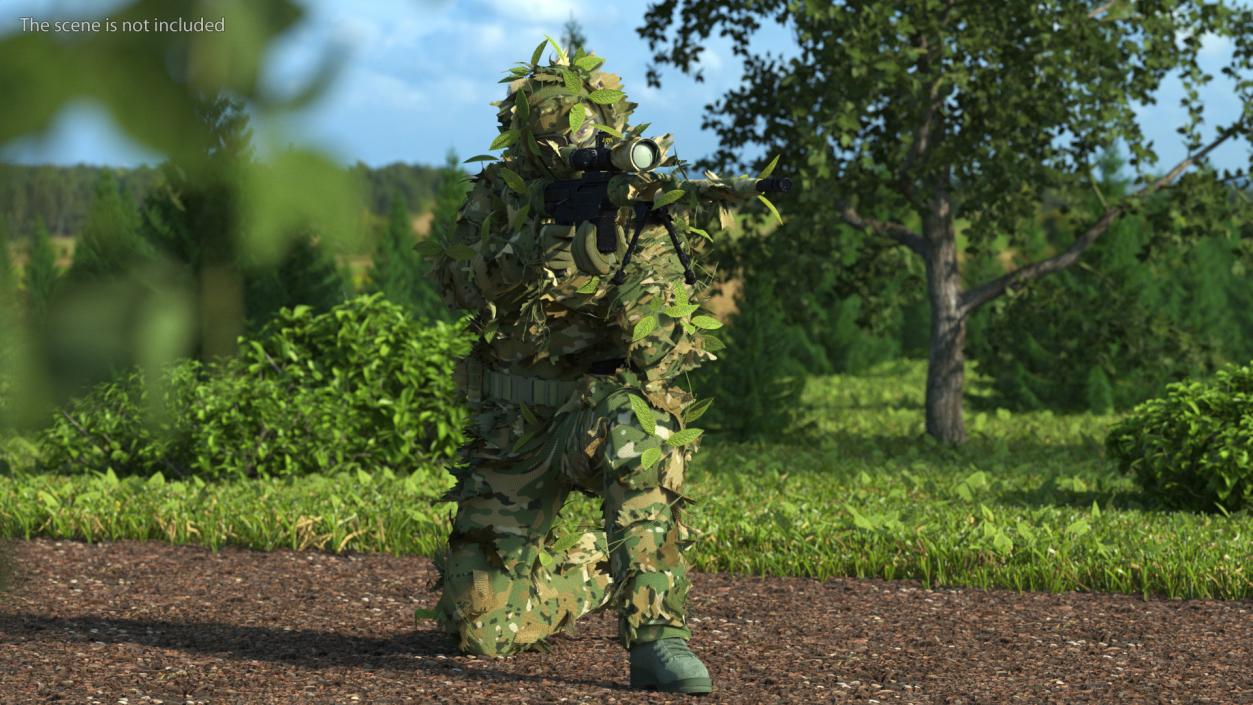 3D Sniper in Leaf Ghillie Suit Rigged for Cinema 4D model