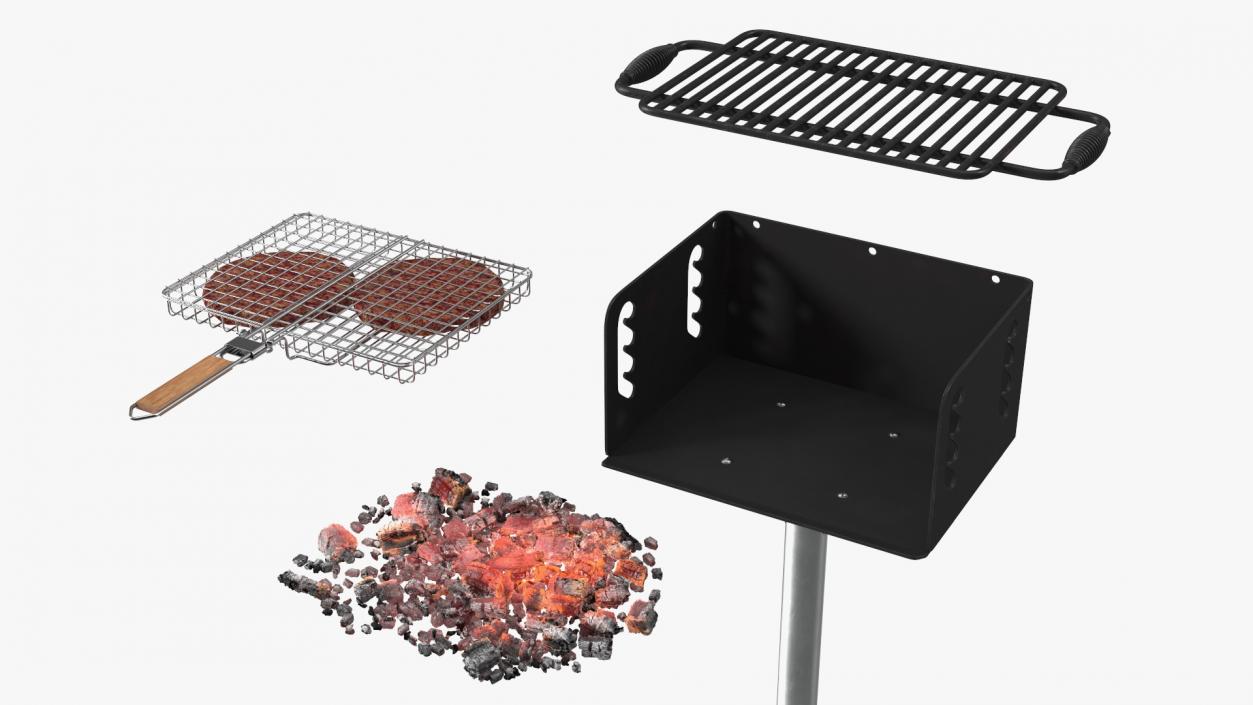 3D model Charcoal Grill with BBQ Grate and Burger Patties 2