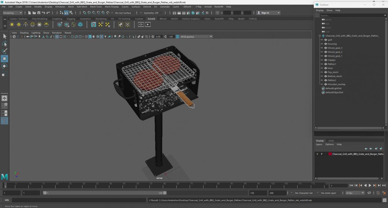 3D model Charcoal Grill with BBQ Grate and Burger Patties 2