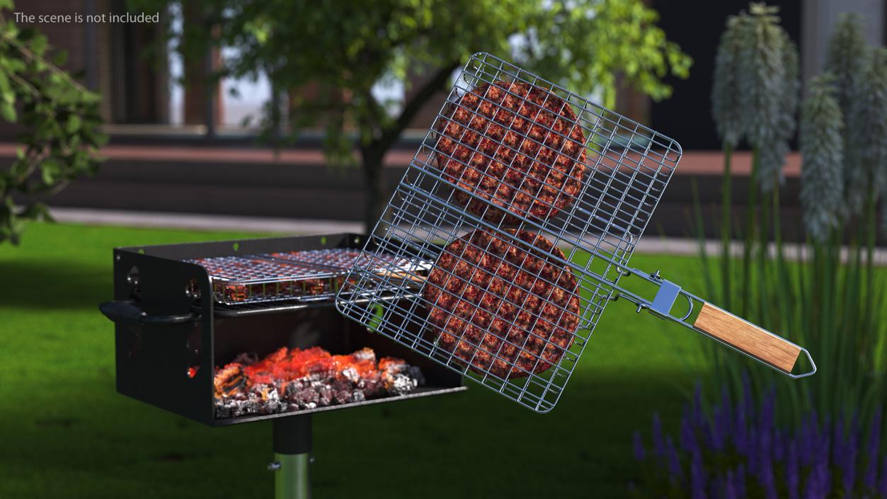 3D model Charcoal Grill with BBQ Grate and Burger Patties 2