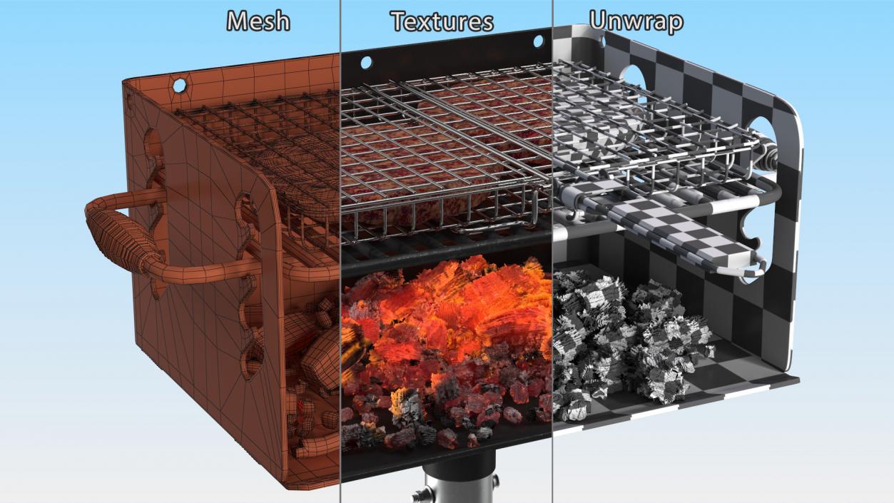 3D model Charcoal Grill with BBQ Grate and Burger Patties 2