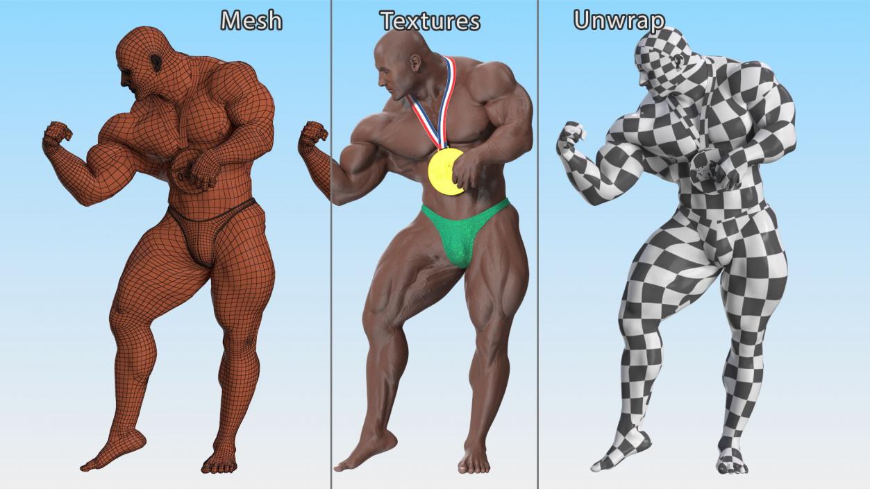 Muscular Bodybuilder Afro American Flexing Pose 3D