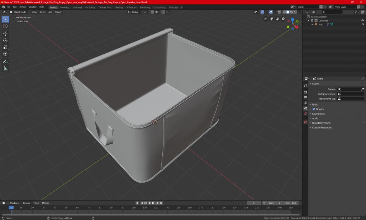 3D Windowed Storage Bin Grey Empty Open