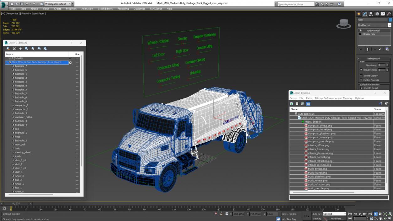 3D Mack MD6 Medium-Duty Garbage Truck Rigged