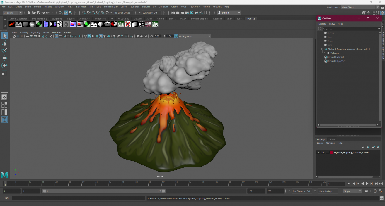 3D Stylized Erupting Volcano Green