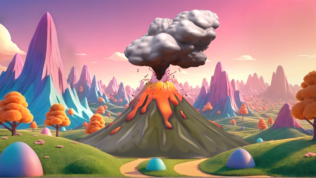 3D Stylized Erupting Volcano Green