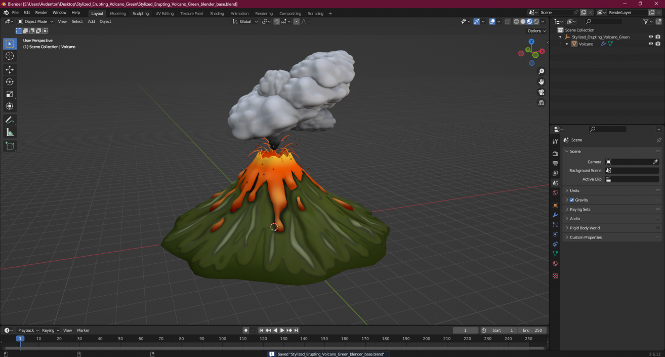 3D Stylized Erupting Volcano Green