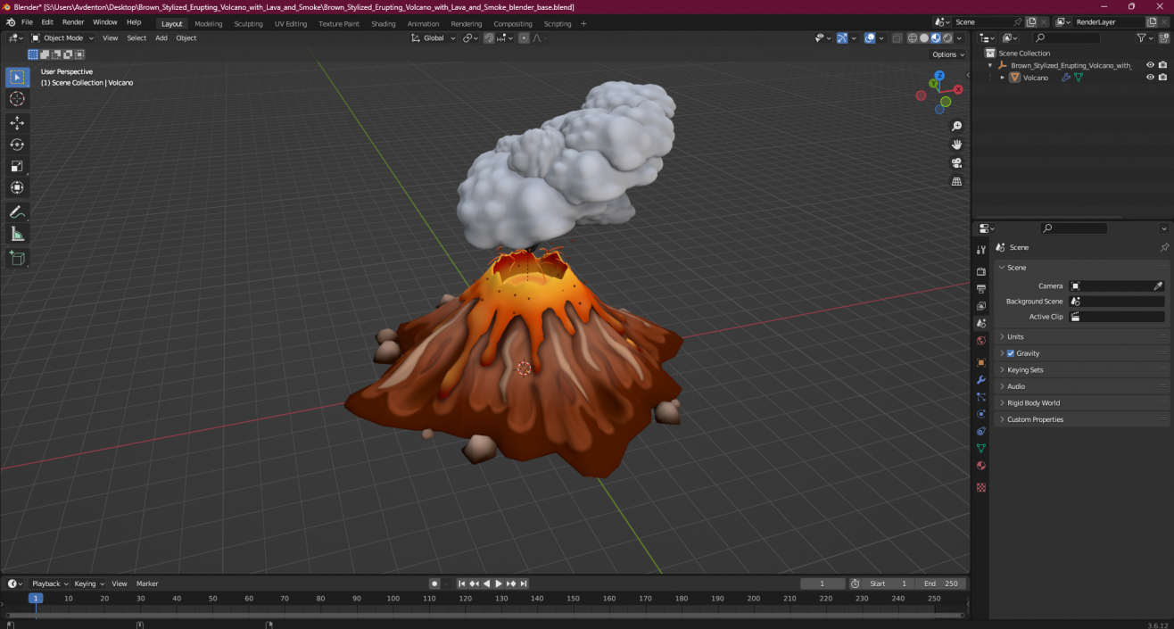 3D Brown Stylized Erupting Volcano with Lava and Smoke 2 model