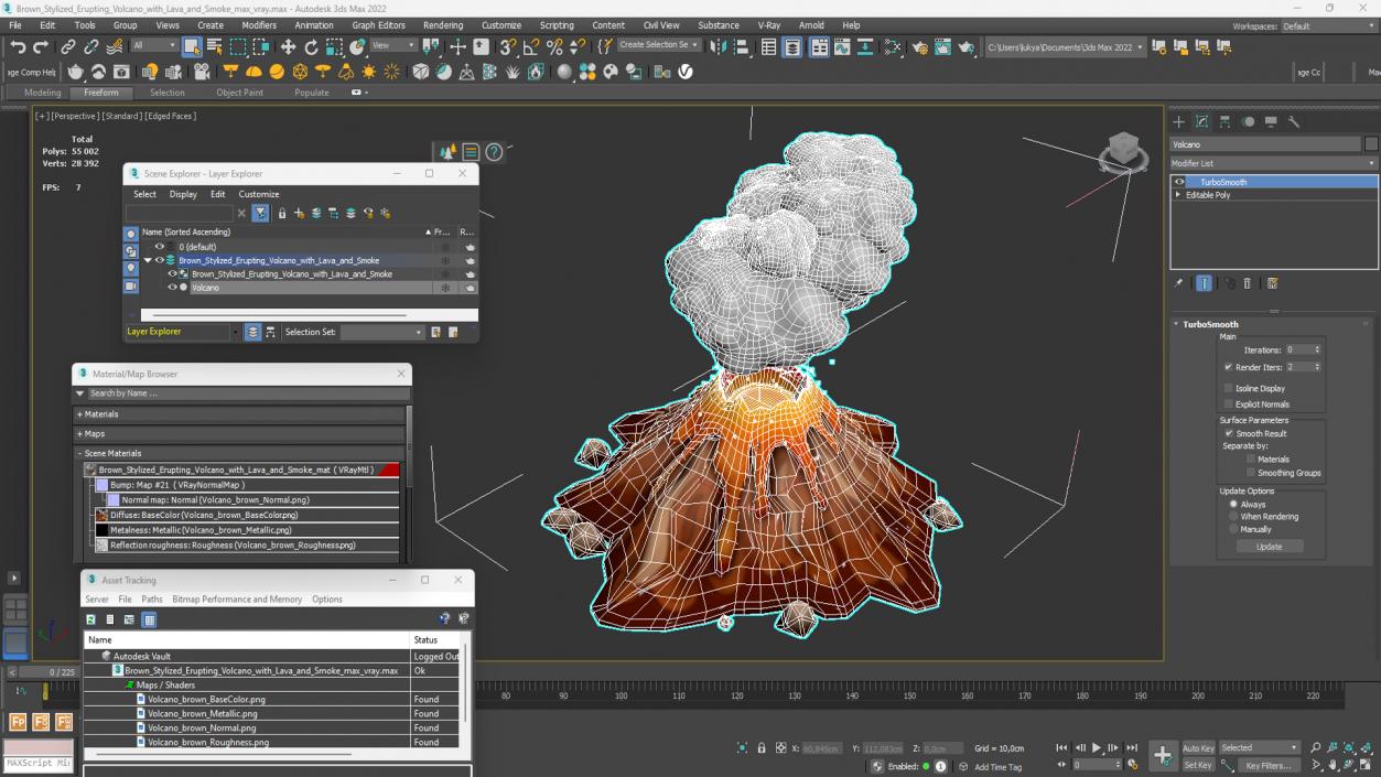 3D Brown Stylized Erupting Volcano with Lava and Smoke 2 model