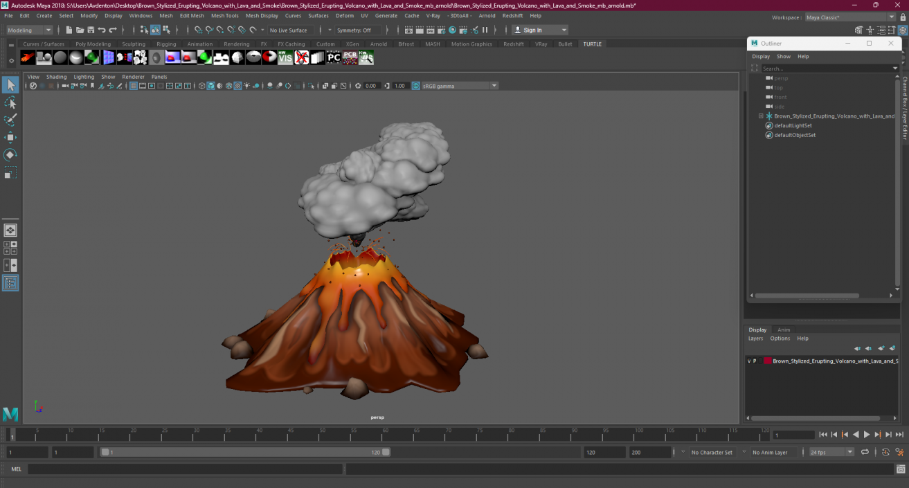 3D Brown Stylized Erupting Volcano with Lava and Smoke 2 model